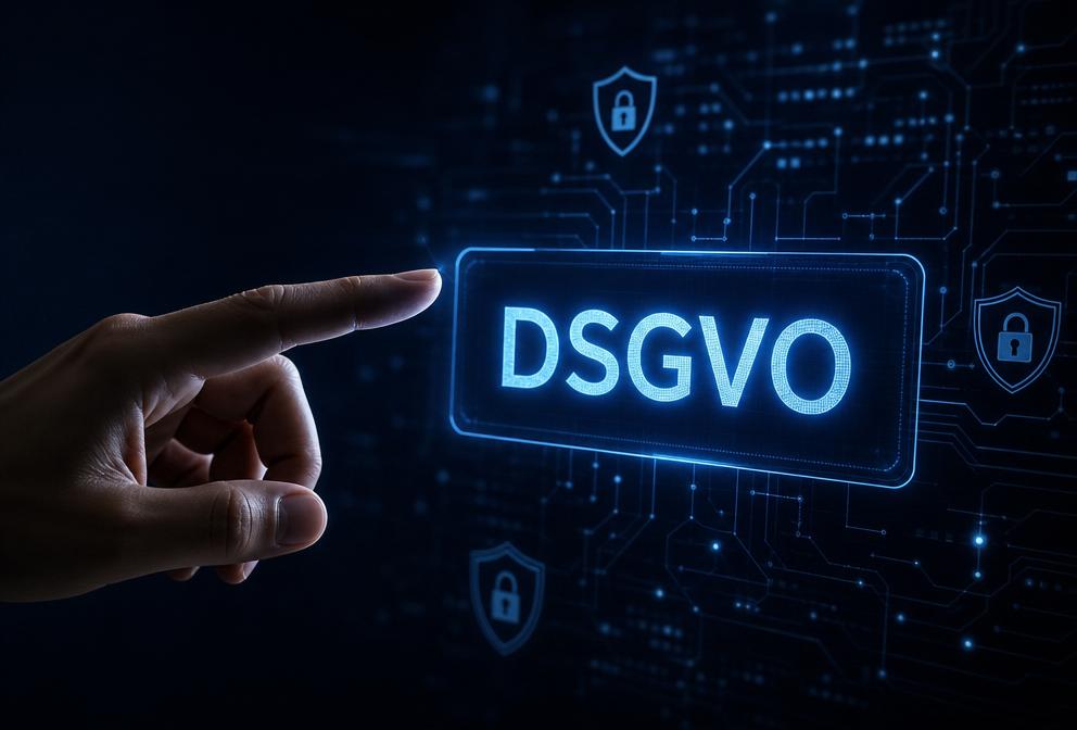 Hand deutet auf ein leuchtendes DSGVO-Symbol – Sinnbild für den Datenschutz-Schadensersatz gegen Meta